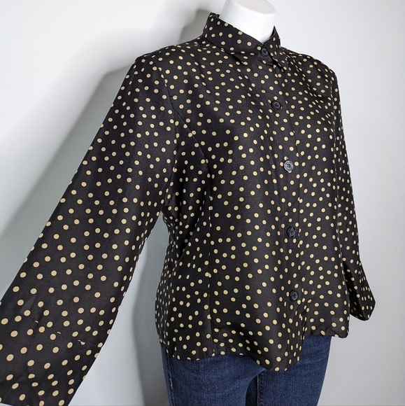 LSL black brown polka dot 2/3 sleeve button up silk shirt L - Picture 3 of 7